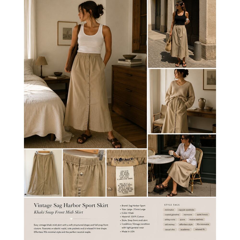 Vintage‎ Khaki Snap Front Midi Skirt Cotton Minimalist Utility Style ✨